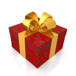 pucture of a gift with red wrapping paper abd a gold ribbon